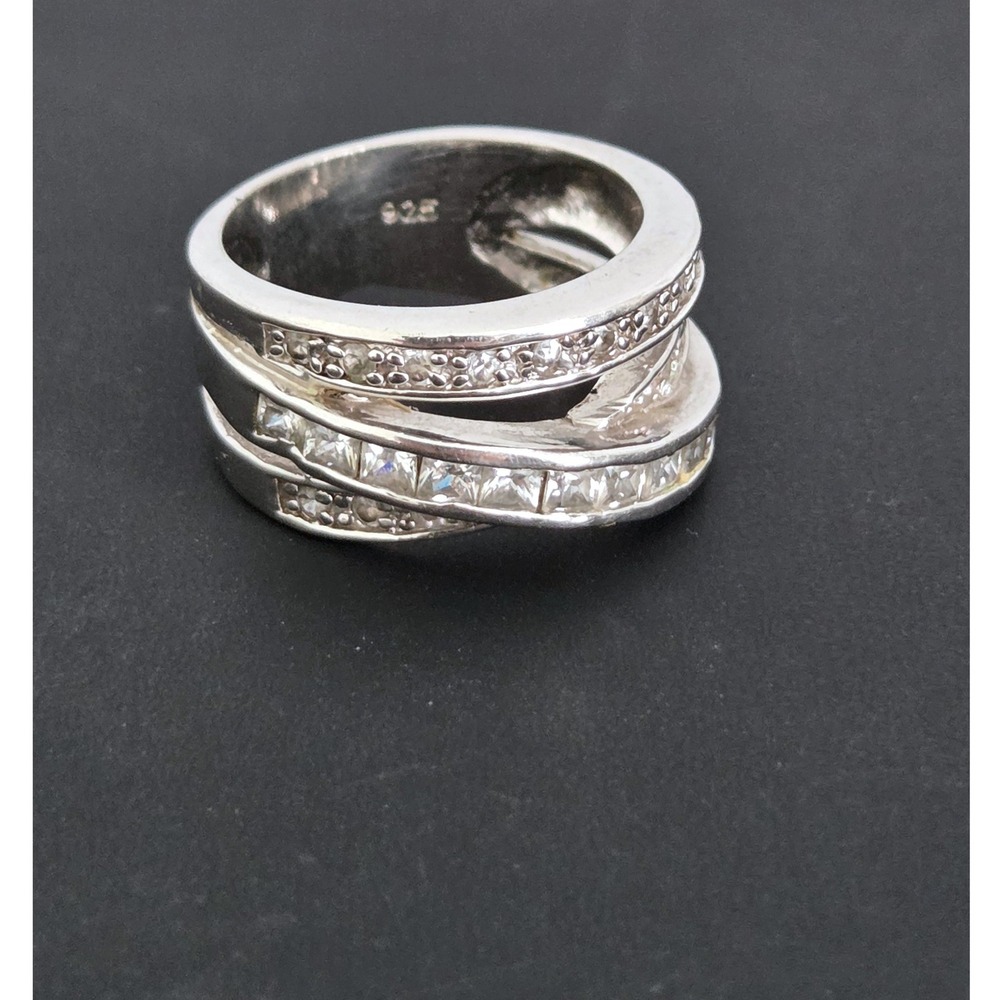 925 Sterling Silver Crossover Wide Band Ring Cubic Zirconia Size 7.5